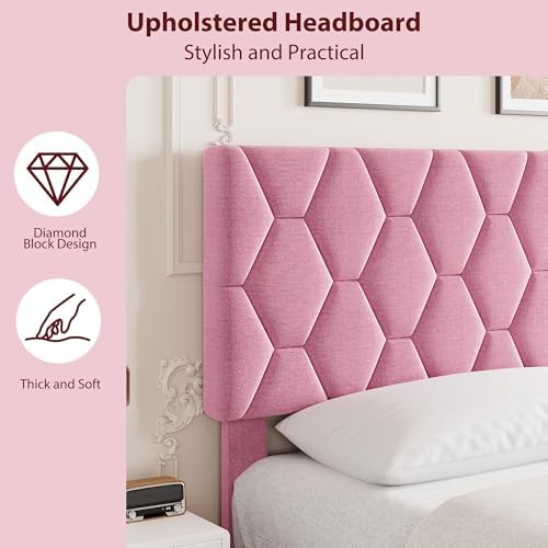 King Bed Frame with Adjustable Headboard, Upholstered Bed Frame, Pink