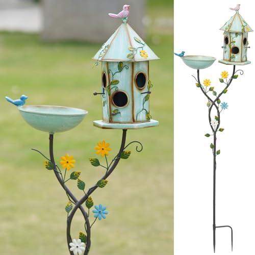 Bird Baths and Bird House with Pole,birdhouses for Outdoors，Metal Bird Bath