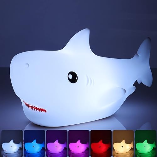 LOVERUIS Shark Night Light for Children, 7 Color Changing LED Portable Touch Baby Lamp, USB Rechargeable Silicone Animal Night Light for Children, Kindergarten, Toddlers (Shark)