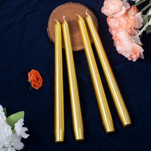Everymoment Gold Taper Candles - 12 Pack 10 Inch Candlesticks - Dripless & Smokeless for 8 Hours - Unscented Paraffin Wax - Ideal for Wedding Christmas Anniversary New Year's Eve & Luxury Decor
