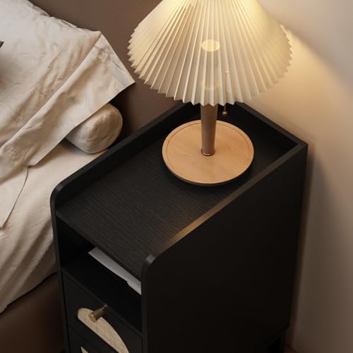 Narrow Nightstand for Small Spaces - 9.3" Slim Side Table with Rattan-Weave Drawers, Skinny Bedside Table with Open Shelf, Rustic Tall Thin Gap Filler for Bedroom & Sofa Side, Black, Set of 2