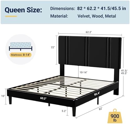 Allewie Queen Platform Bed Frame with Velvet Upholstered Headboard