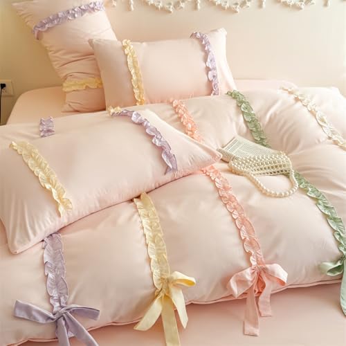 Rainbow Ruffles Bedding Set with Bow,Colorful Striped Duvet Cover, Cute Princess Style 2 PCS Duvet Cover Set-1 Duvet Cover and 1 Pillowcases for Girls Teens Bedroom,No Comforter