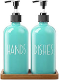 ALELION Turquoise Dish Soap Dispenser for Kitchen - 16 OZ Glass Hand Soap Dispenser Set with Pump and Acacia Wood Tray - Turquoise Kitchen Decor & Teal Kitchen Accessories