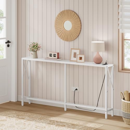Gewudraw Narrow Console Table with Socket, Sofa Table Behind Couch, White