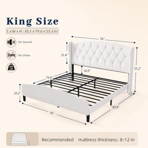 King Size Upholstered Bed Frame with 53" Velvet Headboard