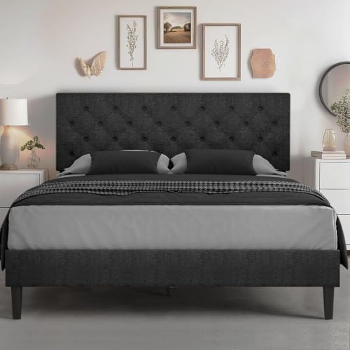 HOMBCK Queen Bed Frame with Adjustable Headboard, Dark Grey