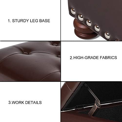 Adeco Button Tufted Accents Rectangular PU Leather Storage Bench Ottoman Footstool for Living Room Bedroom