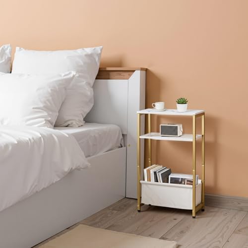 Narrow Side Tables Set of 2 for Small Spaces, Slim End Tables with Fabric Storage Basket, Thin Bedside Table with Faux Marble Tabletop for Living Room, Bedroom, Gold