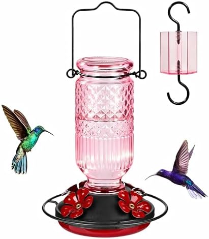 FEED GARDEN Glass Hummingbird Feeders for Outdoors, 16 OZ Pink Hummingbird Feeder with 4 Bee Guard Feeding Ports & Built-in Ant Moat, Humming Bird Feeder, Gifts for Women Mom,1 Pack