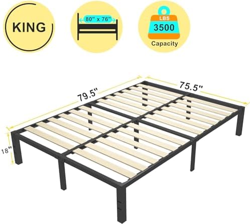 18 Inch King Size Bed Frame with Wood Slats & 4 Mattress Baffles