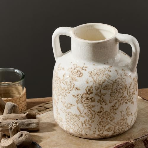 Vintage Flower Vase with Handles, Ceramic Utensil Holder, Decorative Vase Chinoiserie Decor Rustic Farmhouse Retro Floral Vases for Table Bookshelf Mantel Kitchen Living Room - 6.7” Brown 017