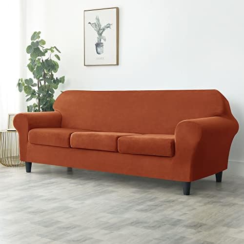 OBCREAT 4 Pieces Sofa Slipcover Stretch Velvet Sofa Covers for 3 Cushion Couch Soft Couch Cover with Elastic Bottom Non Slip Furniture Protector for Pets Kids (Burnt Orange, Large)