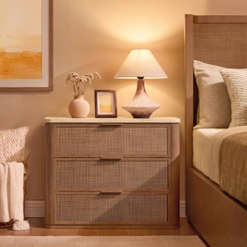 Night Stand, Rattan Nightstand with 3 Drawers