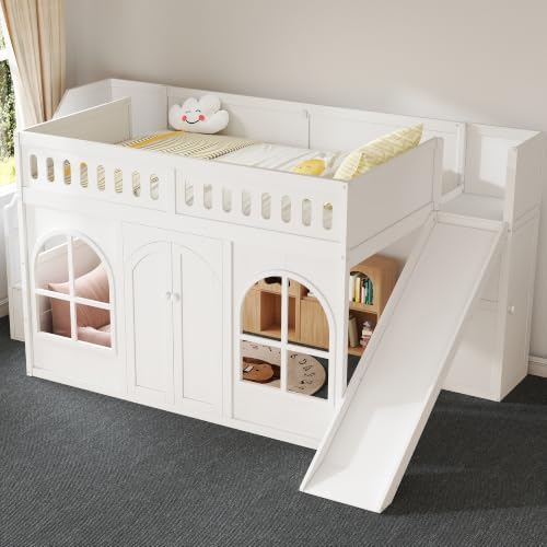 SOFTSEA Twin Size Loft Bed with Slide, Storage Stairs and Wardrobe, White