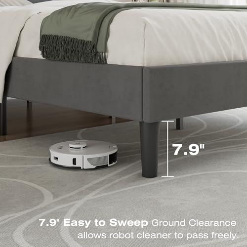 VECELO Full Size Bed Frame with Upholstered Headboard, Dark Grey