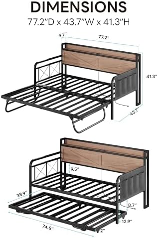 LIKIMIO Twin Daybed with Pop Up Trundle & Charging Station & Storage Shelf