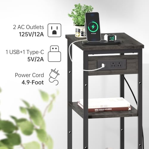 Asgolion Tall End Table with Charging Station, Narrow Tall Side Table