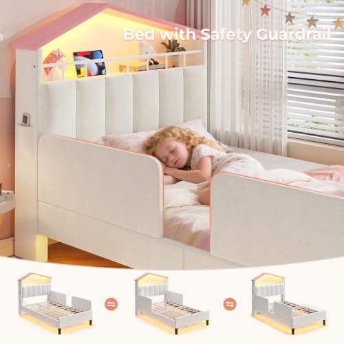 ADORNEVE Twin Size Girls Bed Frame with LED Lights,Beige & Pink