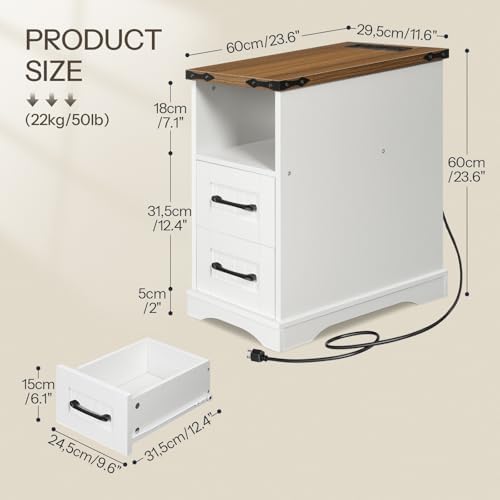 HOOBRO Narrow End Table with Drawers, Farmhouse Nightstand with Charging Station, 3 Storage Shelves on the Back, Slim Bedside Table for Living Room, Bedroom, Small Space, White and Walnut WH362UBZ01