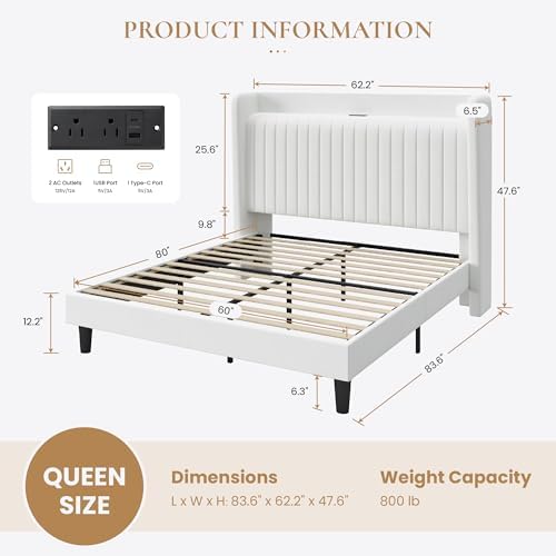 SHA CERLIN Queen Size Velvet Bed Frame with Shelf, Charging Station, White