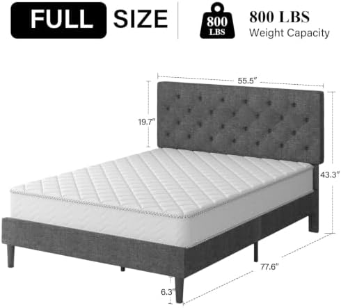 HOMBCK Full Bed Frame with Adjustable Headboard, Light Grey