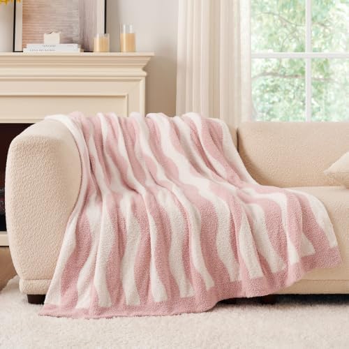 Snuggle Sac Wave Stripe Throw Blanket for Couch, Fuzzy Microfiber Blankets, Throws for Girls Daughter Gifts for Kid, Wave Pink White, 60x80 inches