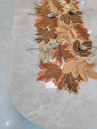 Fall Leaf Embroidered Table Runner 36 Inches for Thanksgiving and Autumn Harvest Decoration (16''x36'', Coffee Colored Maple Leaves)
