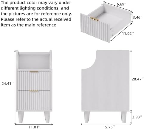 Narrow Nightstand Set of 2,11.8" Fluted Bedside Table Set of 2, Slim Side End Table with 2 Drawers, Wooden Bedside Table, White Wood Night Stand for Bedroom Livingroom Sofa Office