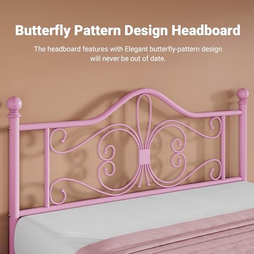 Allewie Metal Full Platform Bed Frame, Butterfly Pattern Design, Pink