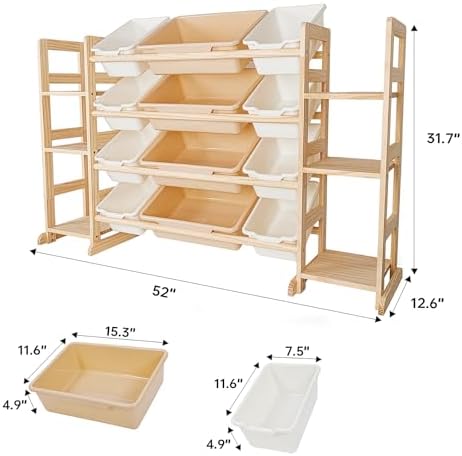Amdermi Kids Toy Storage Organizer, 52 Inch White 6-Shelf Bookcase with 12 Bins, Cubby Toy Organizer for Toddler Playroom, Bedroom, Nursery