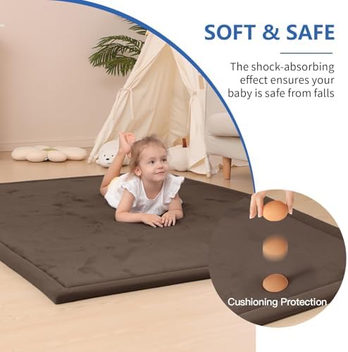 Baby Play Mat for Floor,1.3" Thick Elasti-Foam 74×50 Playpen Mat for Toddlers Infant kids,Water-Repellent Soft Coral Velvet for Tummy Time, Non-Slip Backing for Crawling,Tatami Style(Dark Brown)