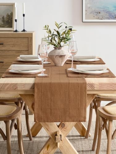 ZeeMart Linen Checked Farmhouse Table Runner, 13x90 Inches Caramel