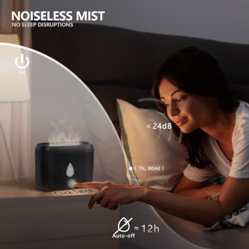 Flame Diffuser for Essential Oils, 200ml Ultrasonic Aroma Diffusers with Cool Mist, Aromatherapy Diffuser with Auto-Off Protection (Black(7 Colors), Peppermint+Lavender+Tea Tree+Lemon)