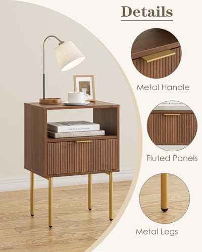 Aienvey Nightstand with One Drawer, WalnutStripe Night Stand and Gold Frame