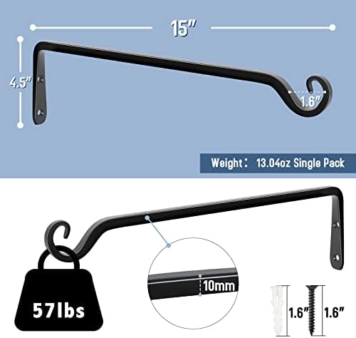 FEED GARDEN Heavy Duty Plant Hooks - 2 Pack 15 Inch Wall Mounted Hanging Brackets, 57lb Capacity Steel Plant Hangers for Bird Feeders, Baskets, Wind Chimes Outdoor Indoor- Black
