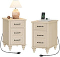 WAMPAT Set of 2 End Tables with Charging Station, Beige Tall Side Table with Storage Cabinet & Drawer, Wooden Nightstands with Power Outlets & USB Ports for Bedroom, Living Room