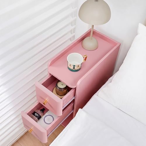 FurSch Narrow Nightstand, Wooden 2 Drawer, Slim Side End Table, Pink, 1 pc