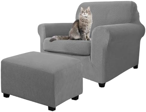 3 Piece Stretch Matching Chair and Ottoman Slipcover Set, Jacquard Arm Chair/Ottoman/Fitted Seat Covers, Non-Slip Accent Armchair and Foot Stool Slip Cover (Light Gray,3 Pieces Set)