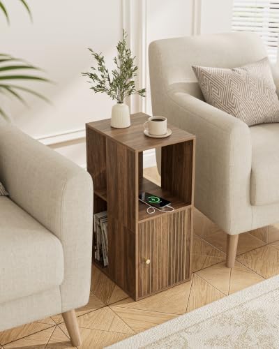 Narrow End Table, 27.6" Nightstand with Charging Station, Walnut