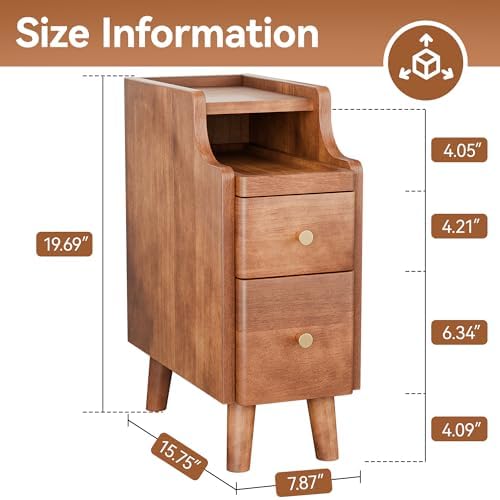 Nightstand, Pre-Assembled, 19.7“H Solid Wood Night Stand with 2 Drawers, Open Sliding Shelf, Mid Century Modern Small Bedside Table for Bedroom, Walnut 8"