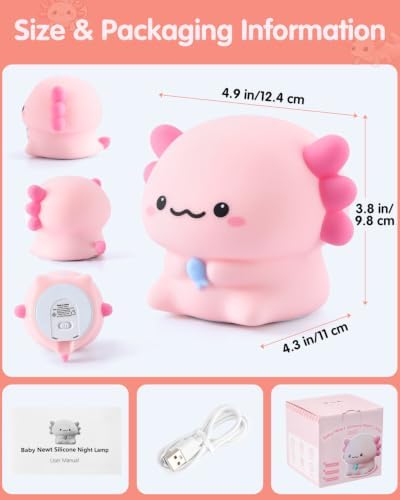 Fuloon Axolotl Night Light, 3-Level Dimming Silicone Touch Lamp with Rechargeable Battery & 30-Min Auto Timer, Cute Squishy Unicorn Whale Desk Decor, Funny White Elephant Gift for Adults Teens Kids