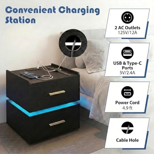 GIANTEX LED Night Stand Set 2 with Charging Station, Semi-Floating Bedside Table w/2 Storage Drawers, USB & Type-C Ports, Modern Couch End Sofa Side Table for Bedroom Small Spaces (Black)