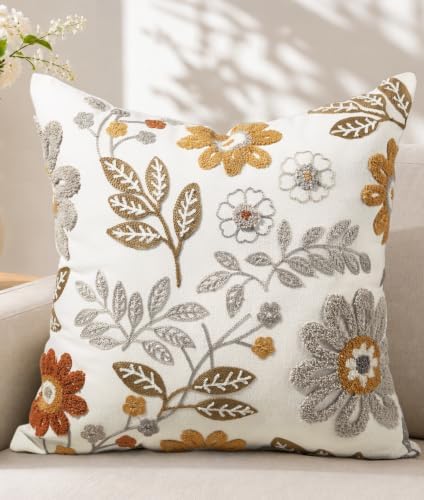 Fall Embroidered Throw Pillow Cover 20x20 Inch, Amber Blooms