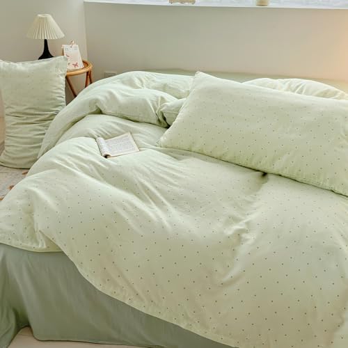 Chic Polka Dot Duvet Cover Queen Size 3PCS 100% Cotton Double Layer Gauze Zipper Bedding Set, Soft Breathable Comforter Cover with 2 Pillowcases Kids Adults Green Bedding Duvet Cover for All Seasons
