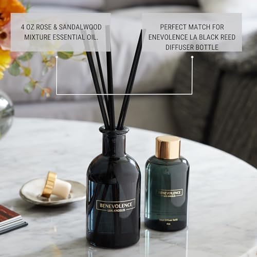Benevolence LA Rose & Sandalwood Reed Diffuser Oil Refill – 4 oz Long-Lasting Essential Oil Refill for Home Fragrance Diffusers – Compatible with Benevolence LA Black Reed Diffusers