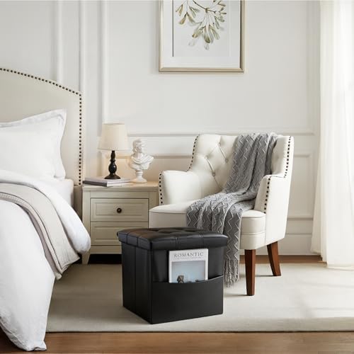 Bsketa Storage Ottoman Bench,15 Inch Folding Leather Foot Rest Stool, Black