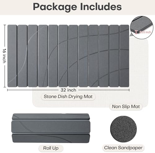 Extra Large Stone Dish Drying Mat for Kitchen Counter, Quick Dry Stone Dish Mats, Foldable Water Absorbing Diatomaceous Drying Pad for Countertop Bottles Utensils Bathroom (Flow Line Gray 32"x16")