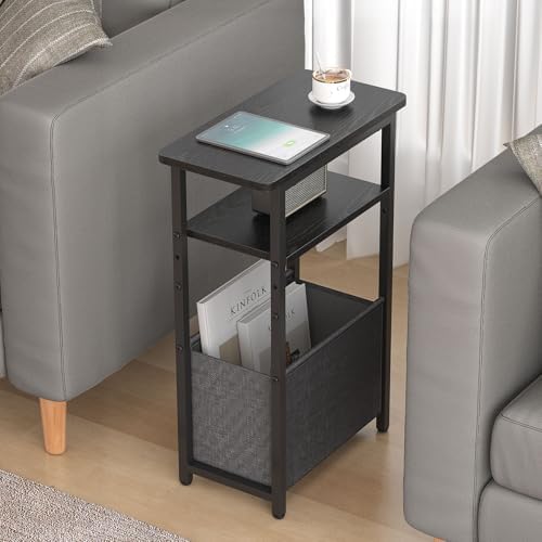 sthmec Narrow Side Table, Skinny End Tables with Fabric Basket, Small Side Tables for Small Space, 2-Tier Open Shelves with Basket, Slim Nightstands for Bedroom,Living Room,Office, Black