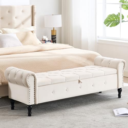 Storage Bench 67" Velvet End of Bed Benches Cream Beige